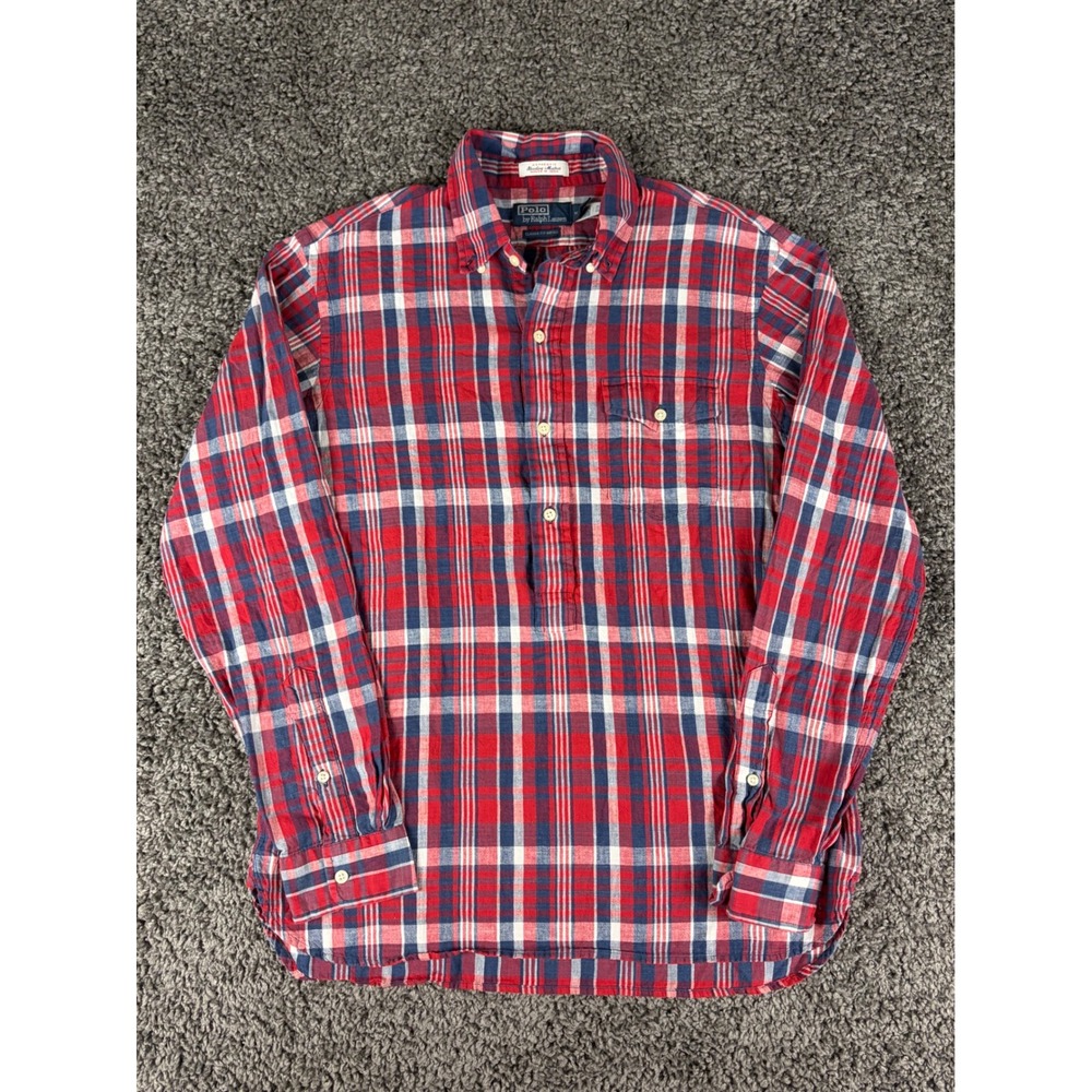 Polo Ralph Lauren Bleeding Madras Shirt Mens Medium Red Blue Plaid Popover M